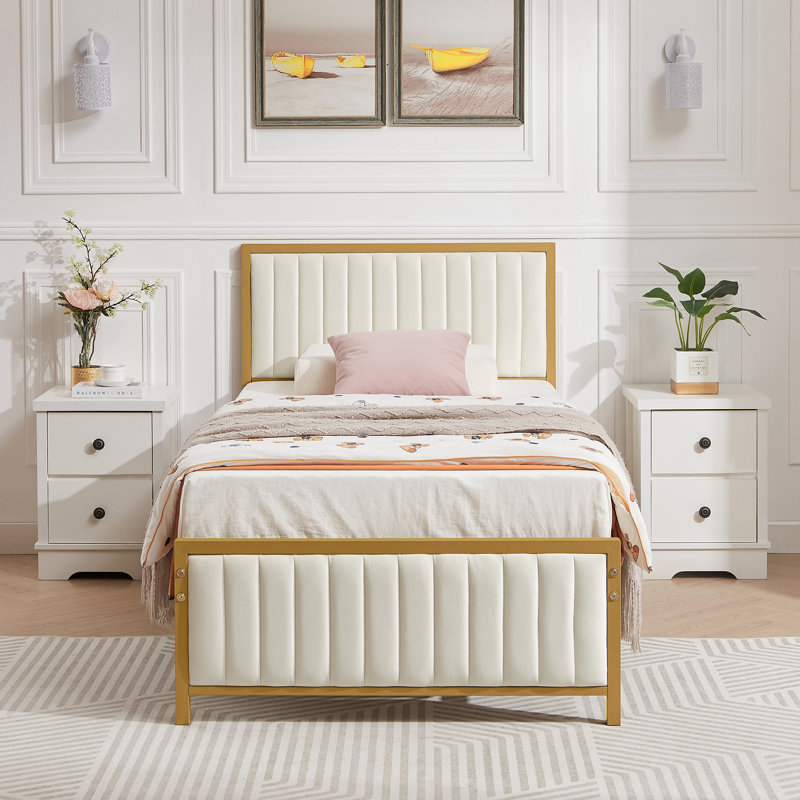 Cadre de lit plateforme avec lit tapissier Rafela, Simple, Beige / or