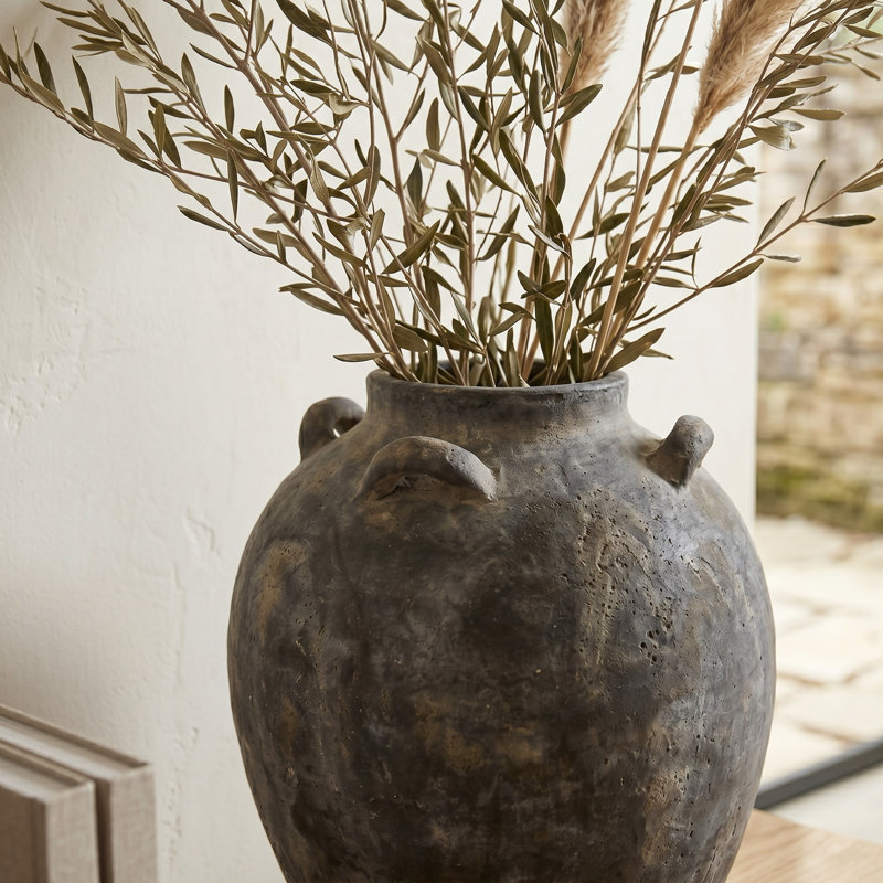 Hand-Painted Sculptural Terracotta Tall Table Vase - Casual Vases With Small Round Handles - Elegant Flower Vase For Home Decor Display - 15", Brown