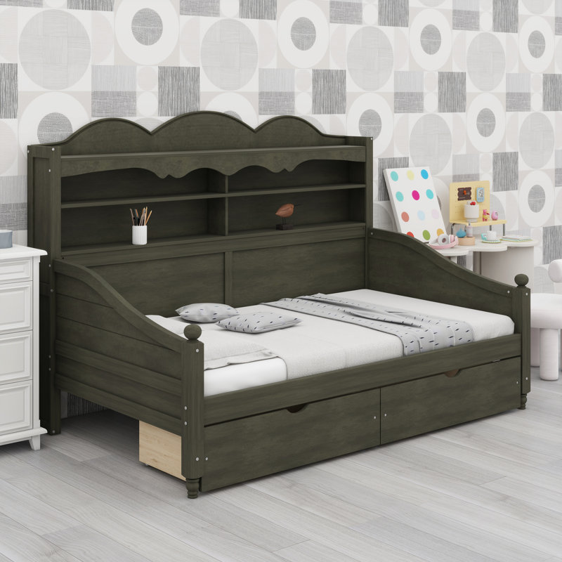 Retro Daybed Featuring Storage Drawers and Built-In Shelving – Multi-Purpose Furniture for Guest Room or Study, Antique Grey