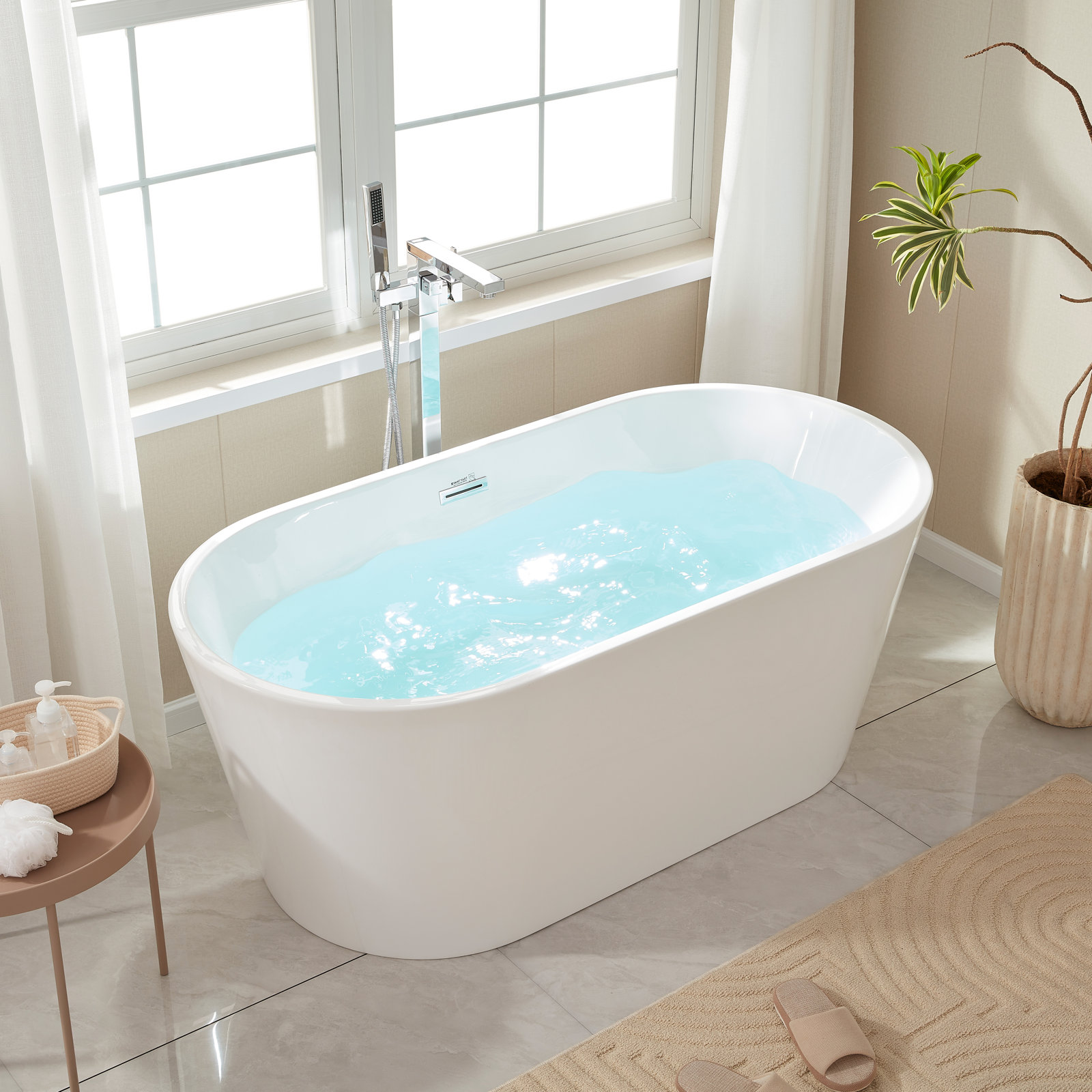 Iris 59" x 29.5" Freestanding Soaking Acrylic Bathtub, White/Polished Chrome
