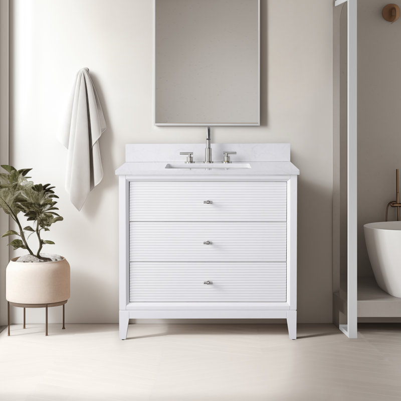 36" Single Bathroom Vanity with Engineered Marble Top, White, Ariston White, Brushed Nickel
