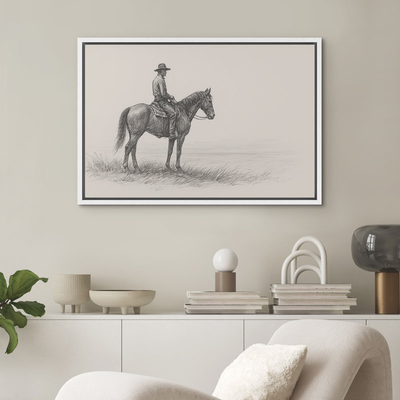 «Cowboy on Horse S Croquis Western Decor», reproduction d'art sur toile encadrée, H 24 po x l 36 po, Blanc