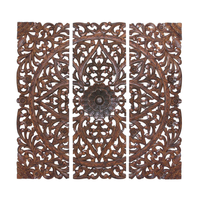 Ensemble de décoration murale en bois sculpté à la main à motif floral en bois brun avec mandala