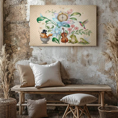Reproduction d'art sur toile fantaisiste avec écureuil, colibri, violon et fleurs