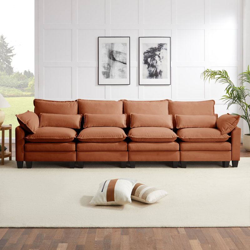 Canapé modulaire avec accoudoirs coussinés, canapé en velours confortable pour le salon, Orange, 4