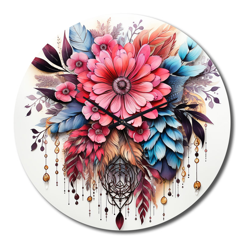 Horloge murale fleurs de bohème rouge et plumes bleues II, Grand