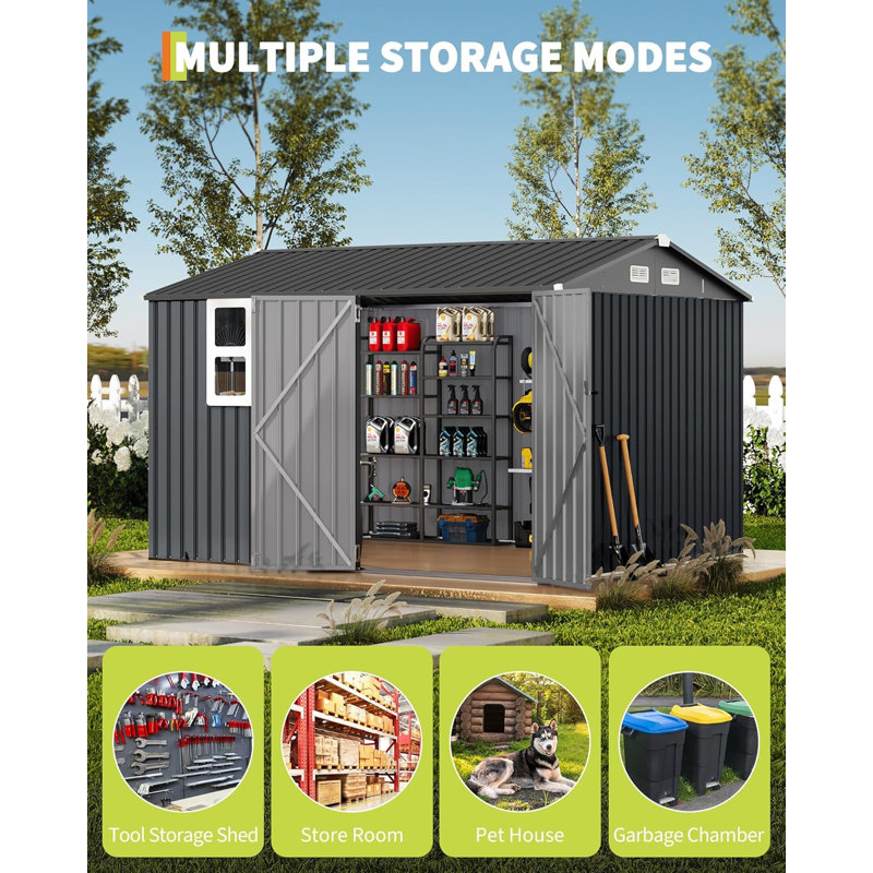10x8FT Metal Storage Shed with Sloped Roof, Lockable Doors, Solar Light, Windows, and Vents, Outdoor Storage Sheds for Garden, Backyard, Patio Tools