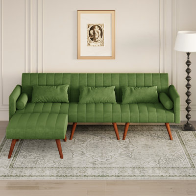 Suffield 102.8'' Velvet Reclining Convertible Sofa with Rubberwood Feet