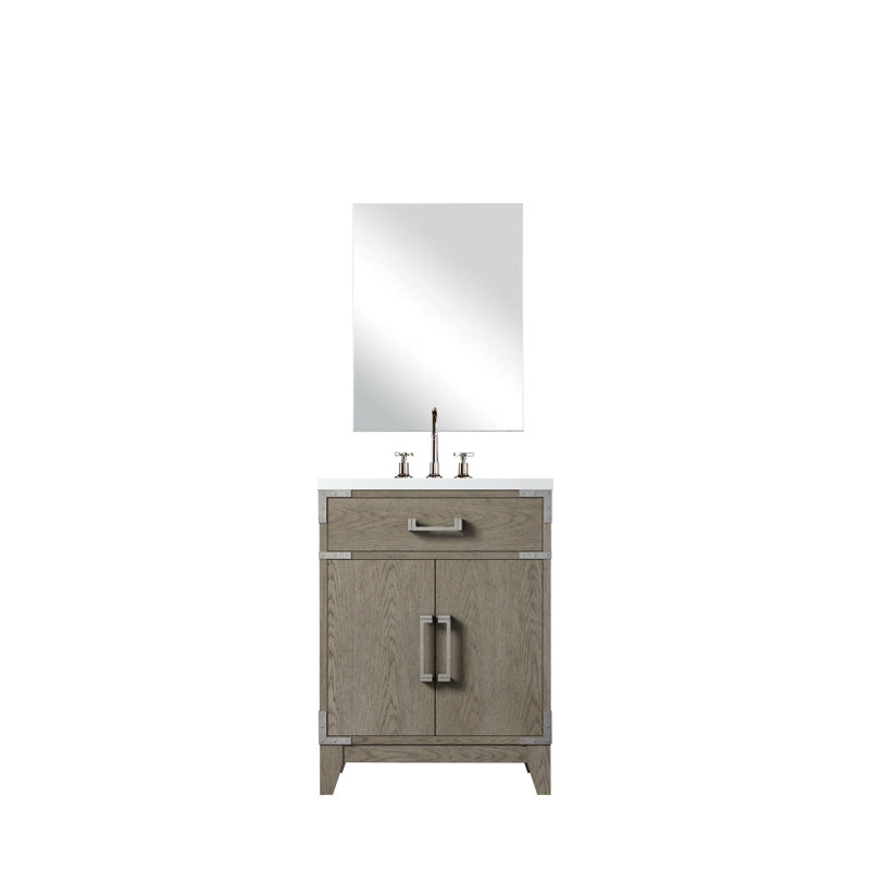 24 po De salle de bain en chêne gris avec comptoir en acrylique poli, robinet de salle de bain simple, miroir