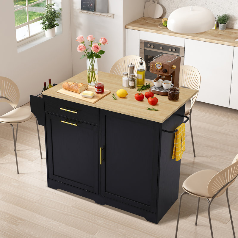Rolling Kitchen Island Cart W/drop Leaf, Portable Kitchen Islands W/storage Cabinet, Drawer, Spice Towel Rack, Island Table For Kitchen W/trash Storage Cabinet, Mobile Island Table, Black