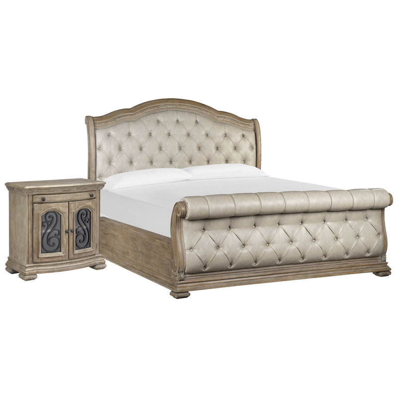 Grand lit-bateau tapissier avec commode Bachelor, Beige, 2 pièces : Lit, table de chevet, Queen