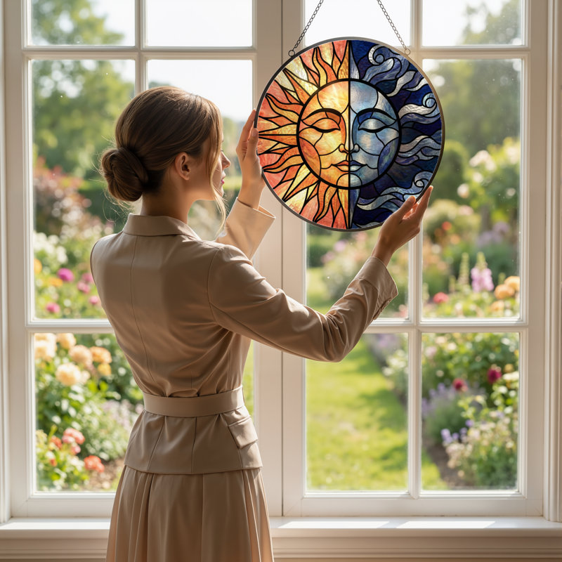 Vitrail 12 "H Sun Moon, H 12 po x l 12 po