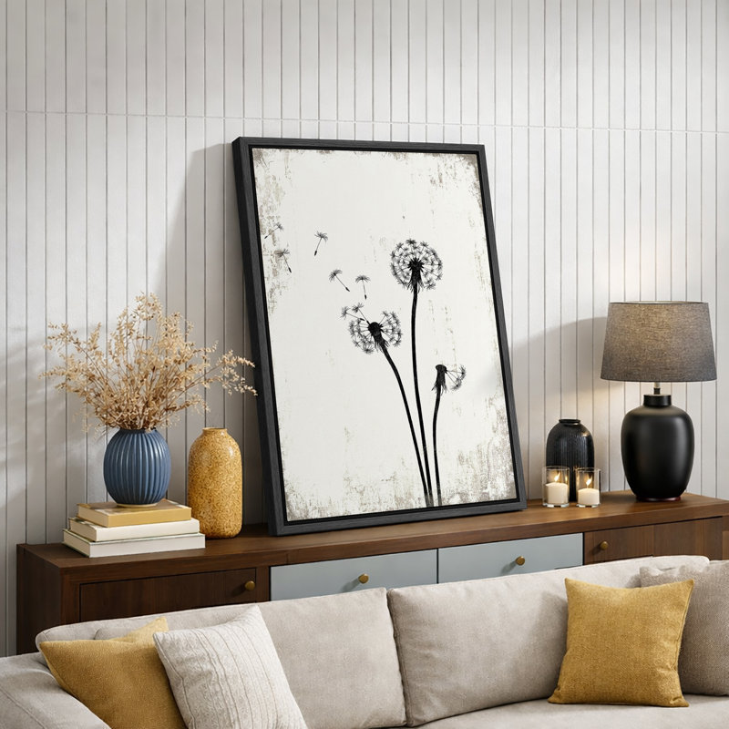 Dandelion "Simple Whimsy Flying Dandelion Artwork, Minimalist Neutral Rustic Living Room Wall Pictures, Large Framed Canvas Giclee Print Wall Art"