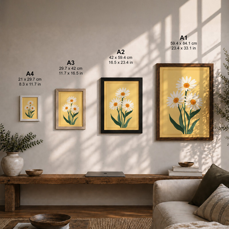 Golden Daisy Trio Botanical - Framed Print, Oak, A4 - 29.7 x 21.0 cm