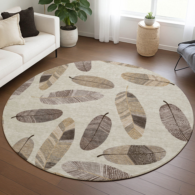 Tapis botanique intérieur / extérieur lavable à la machine Chantille ACN2649, Beige, Rond 8 pi