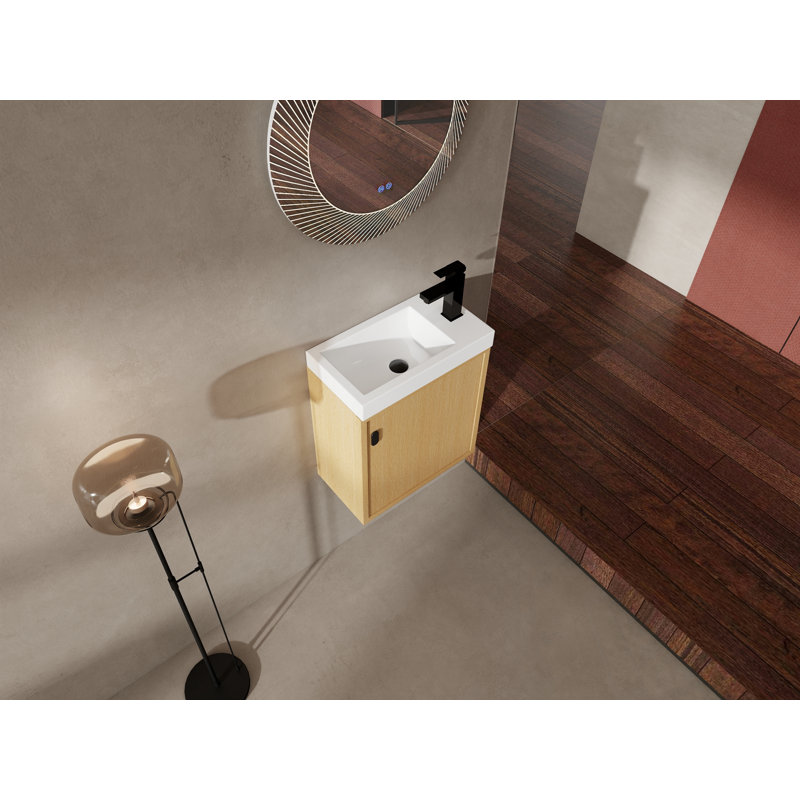 Meuble-lavabo mural avec lavabo en résine et porte simple à fermeture douce, Naturel