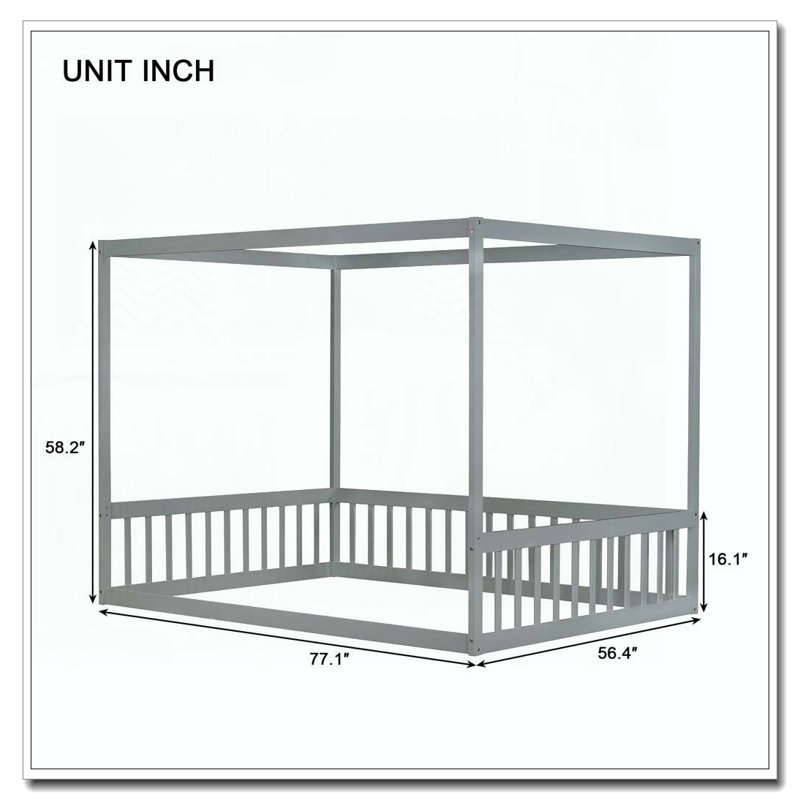 Lit en bois d'hévéa avec clôture Canopy, Gris
