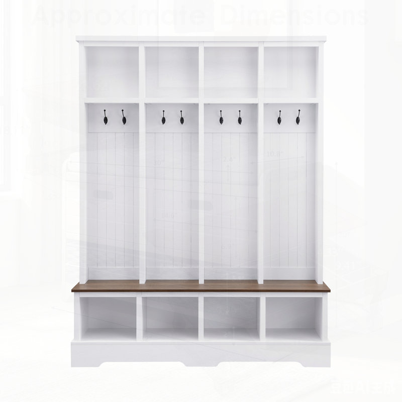 Farmhouse Hall Tree with 8 Hooks, Practical Entryway Bench with Open Compartments, Modern 3-in-1 Wooden Style Coat and Shoe Rack for Mudroom, Living Room