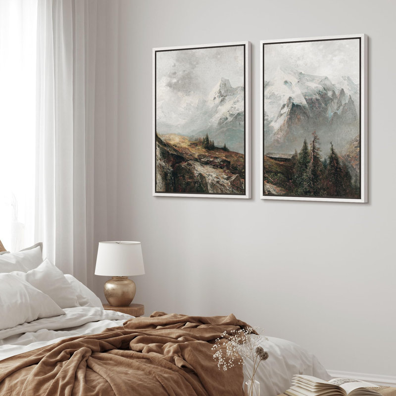 «Majestic Snow-Capped Mountains Alpine Wilderness Nature Wilderness Illustration Decor Scenic» 2 pièces, Cadre blanc