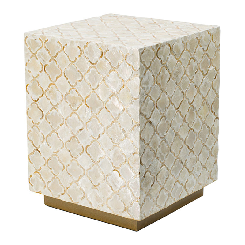 Square Capiz Accent Stool with Geometric Inlay Design – Modern Decorative Seating and Side Table