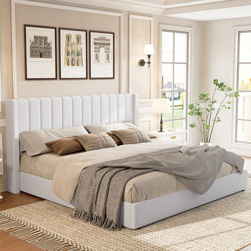 Lit plateforme tapissier moderne avec tête de lit capitonnée, Très grand, White