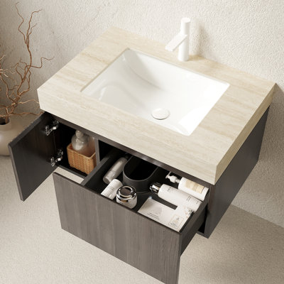 Meuble-lavabo de salle de bain 30 po avec lavabo, tiroir et porte d'armoire en contreplaqué, plateau en pierre frittée, trou de robinet simple en céramique, trou de rangement pré-assemblé