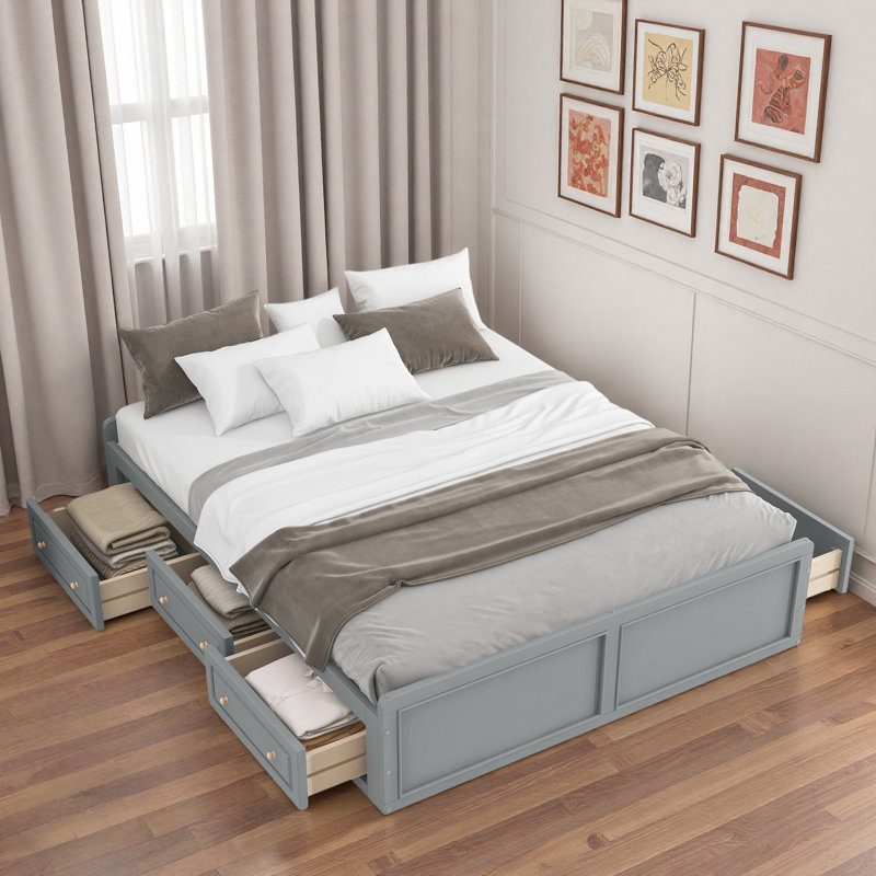 Structure de lit plateforme en bois avec 6 tiroirs, gris