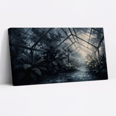 Intérieur de serre sombre avec plantes tropicales luxuriantes - Tableau sur toile