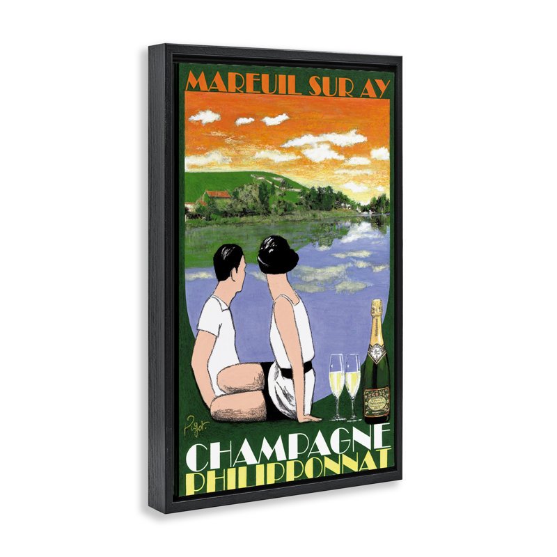 «Vintage Champagne with View», art par Jean-Pierre Got, H 25 po x l 17 po, Cadre flottant noir de jais
