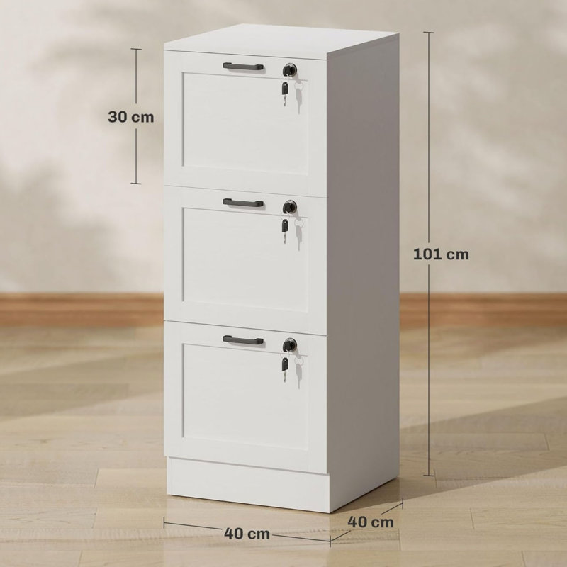 3 Drawer File Cabinet with Lock and Adjustable Hanging Bars for A4 and Letter Size File Folders White