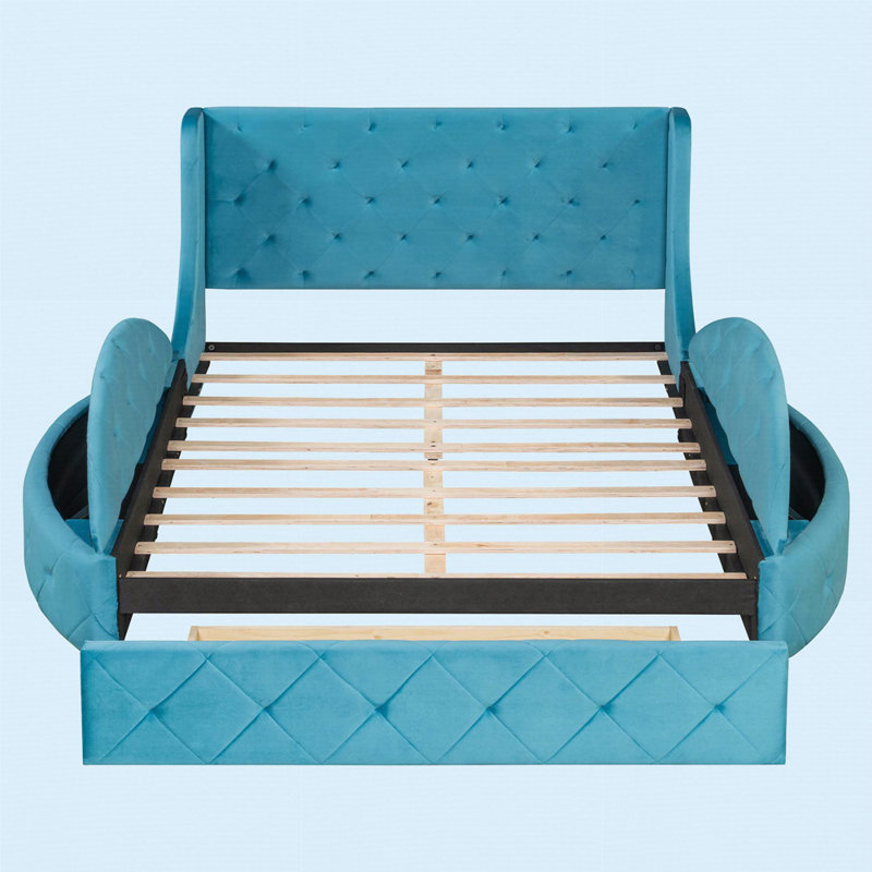 Lit plateforme tapissier en velours avec tête de lit à oreilles, grand tiroir et tabourets de rangement latéraux, Blue
