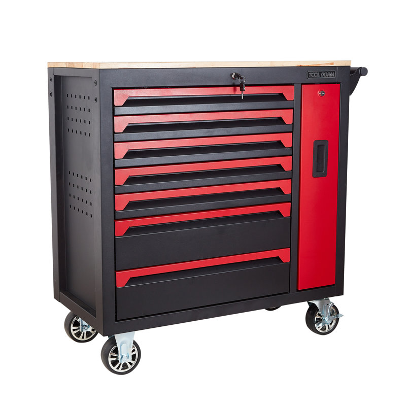 Armoire à outils sur roulettes de 36,2 pouces avec 7 tiroirs horizontaux, 1 tiroir latéral vertical et 4 roulettes, table en bois avec plan de travail