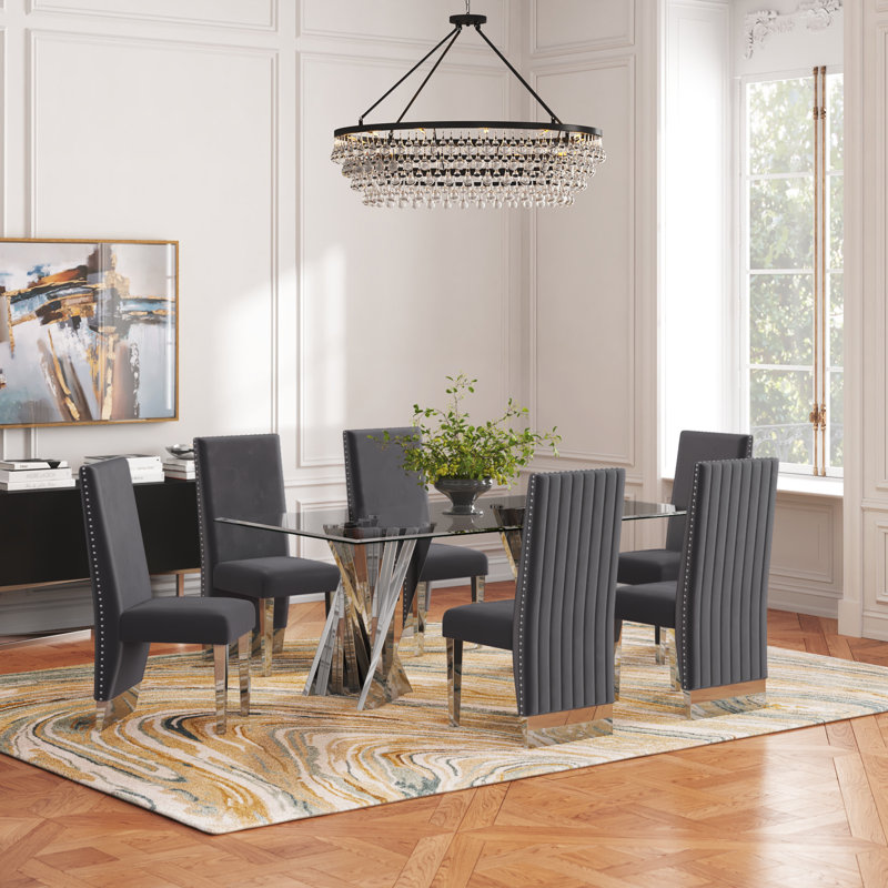 Marcella 6 - Person Glass Top Double Pedestal Dining Set, Silver, Dark Gray