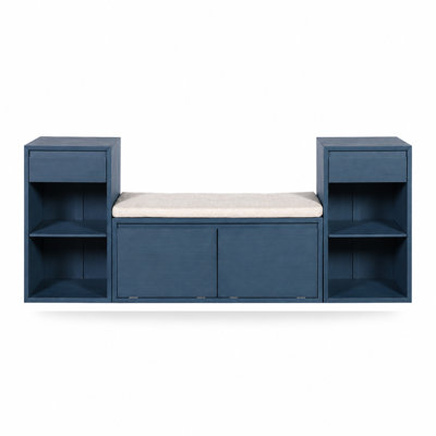 Banc de rangement 77,5 po avec coussin, banc à chaussures avec tiroirs, rangement rabattable et tablettes ouvertes pour le couloir, le vestibule et le salon