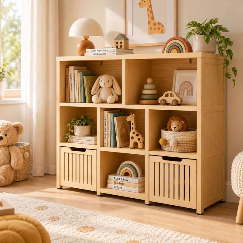 Bamboo 8 Cube Storage Organizer Bookcase with 2 Drawers