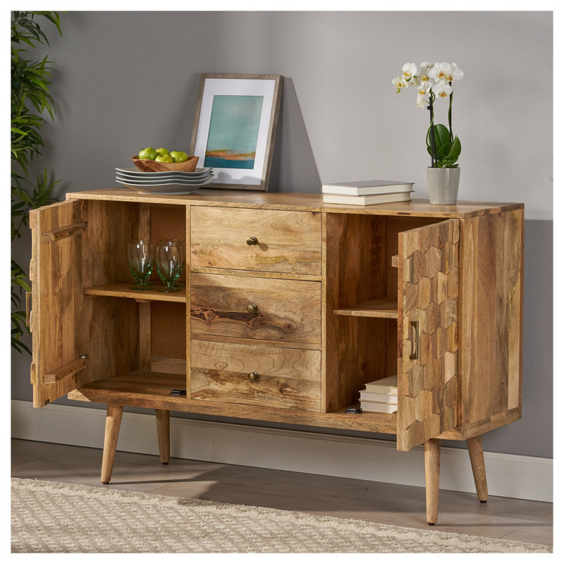 Buffet Mid-Century moderne en bois de manguier avec portes et tiroirs à chevrons 3D - Armoire de rangement à finition naturelle
