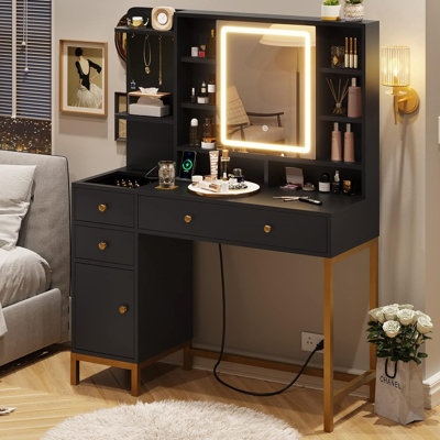 Makeup Vanity with Lights Dressing Table with 4 Drawers and Cabinet,15.7"D x 38.6"W x 54.3"H by Mercer41