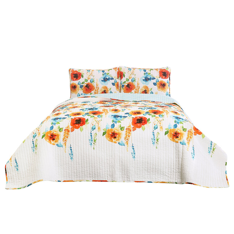 Percy Bloom Cotton Reversible 3 Piece Quilt Set, Queen Quilt + 2 Standard Shams
