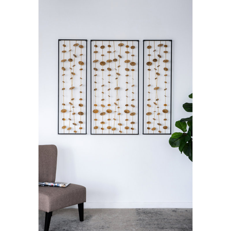 De 3 art mural en métal avec cadre noir - or distinctif, fer pour les espaces de vie décor brillant