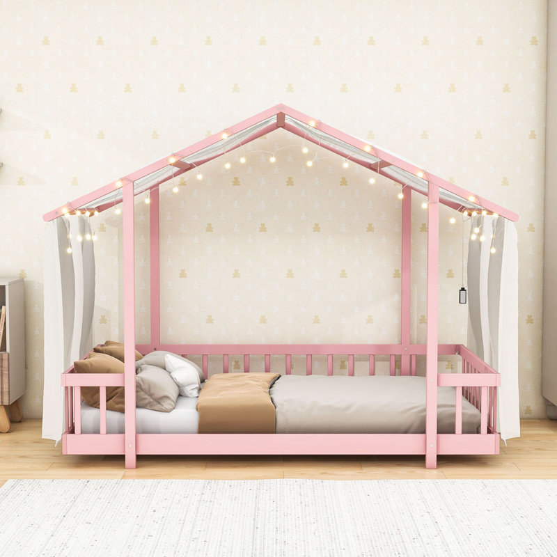 Lit plateforme en bois avec baldaquin en tissu transparent et guirlande lumineuse, Twin, Rose