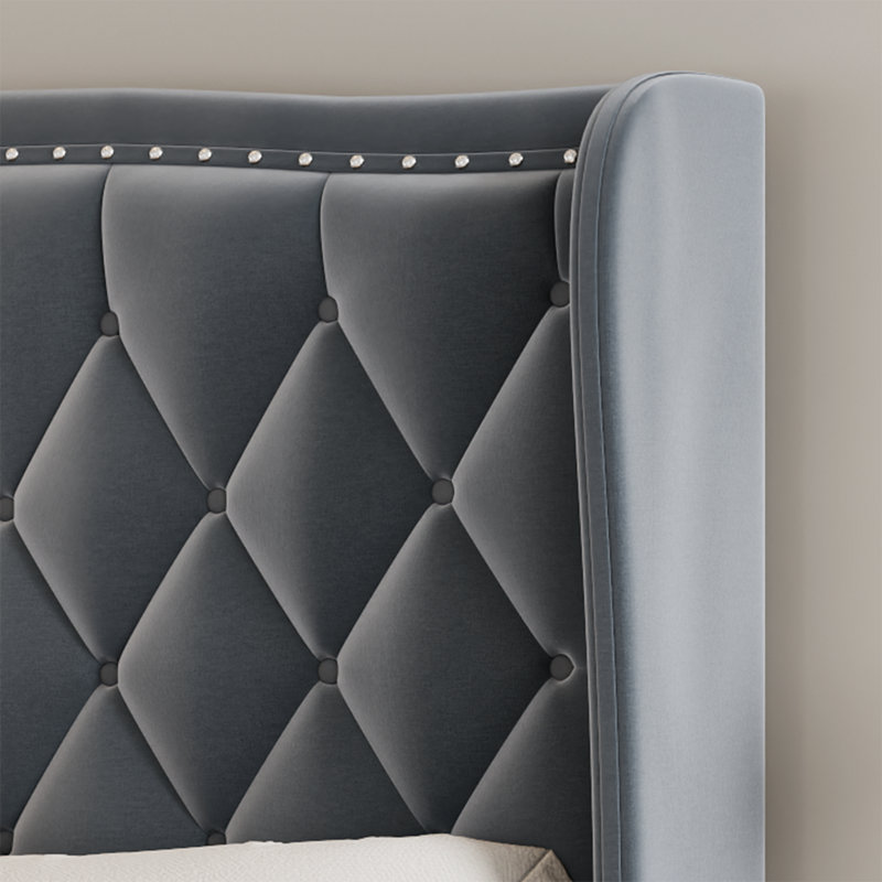 Structure de lit double, lit plateforme tapissier moderne avec tête de lit à oreilles, structure de lit en velours avec support à lattes de bois, assemblage facile, aucun sommier tapissier requis
