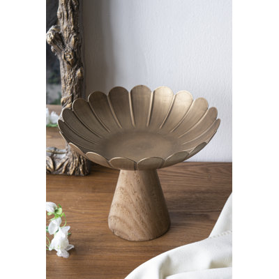 D10x8" Iron Pedestal Bowl With Gold Flower Design And Brown Pine Wood Base