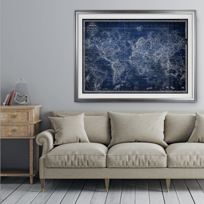 «Vintage World Map V», impression, Cadre argenté, H 31 po x l 43 po x P 1,5 po