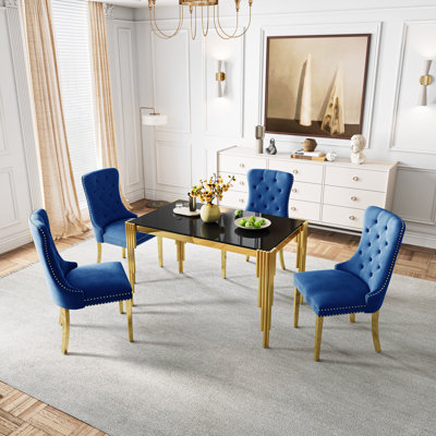 5 Piece Dining Table Set,80.71” Rectangular Glass Dining Table And 4Luxurious Velvet Chairs