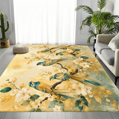 Tapis à motif floral d'aquarelle artistique, motif botanique à fleurs jaunes et bleues, tapis doux et durable antidérapant lavable à la machine, décoration intérieure élégante et vibrante pour le salon, la chambre à coucher, la salle à manger, le couloir, le bureau et un appartement