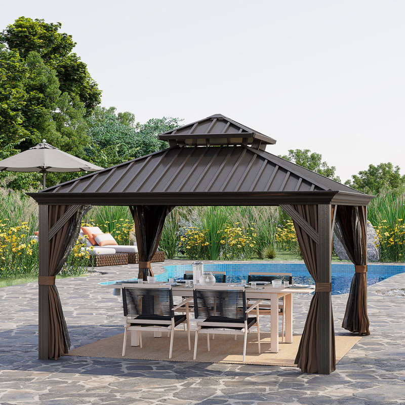 Outsunny 12' x 12' Coffee Aluminum Hardtop Patio Gazebo with Netting & Curtains