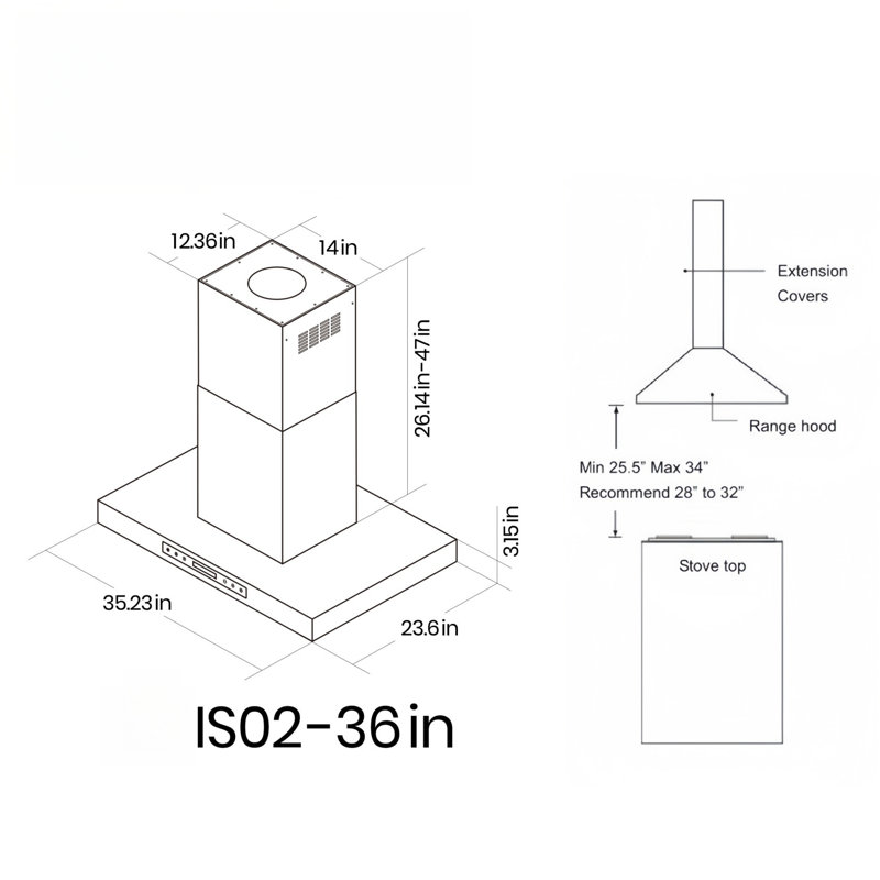 Hotte pour îlot de cuisine à conduit 36 pouces à 4 vitesses en verre et acier inoxydable 36 pouces avec télécommande à DEL et contrôle par panneau tactile avec lumières DEL