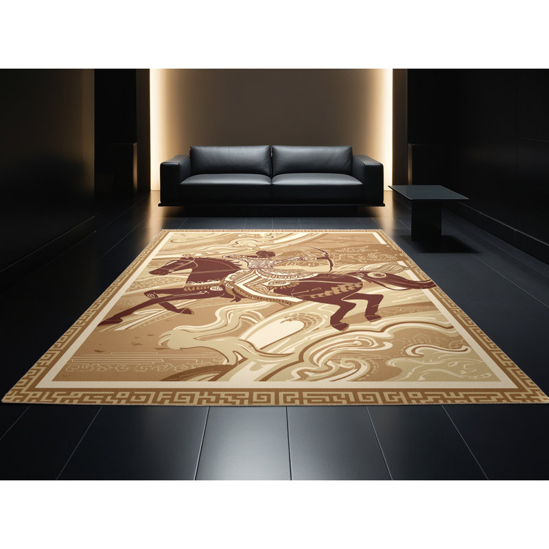 Soft Plush Durfee Mongol Horse Archer Classic Oriental Area Rug in Brown – Beige Binding, 7x10