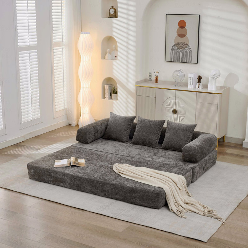 Chenille Convertible Sofa Bed: Foldable Mattress Couch, Floor Lounge, Armrest Support, Gray