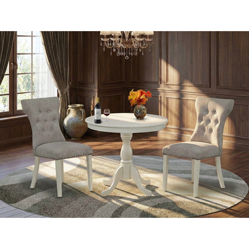 3 Piece Wood Dining Table Set Includes 1 Dining Table and 2 Doeskin Linen Fabric Upholstered Chair Button Tufted Back with Nail Heads - linen white Finish